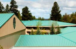 Low-angle view of a beige building with turquoise-green metal roofs and tall evergreen trees in the background.